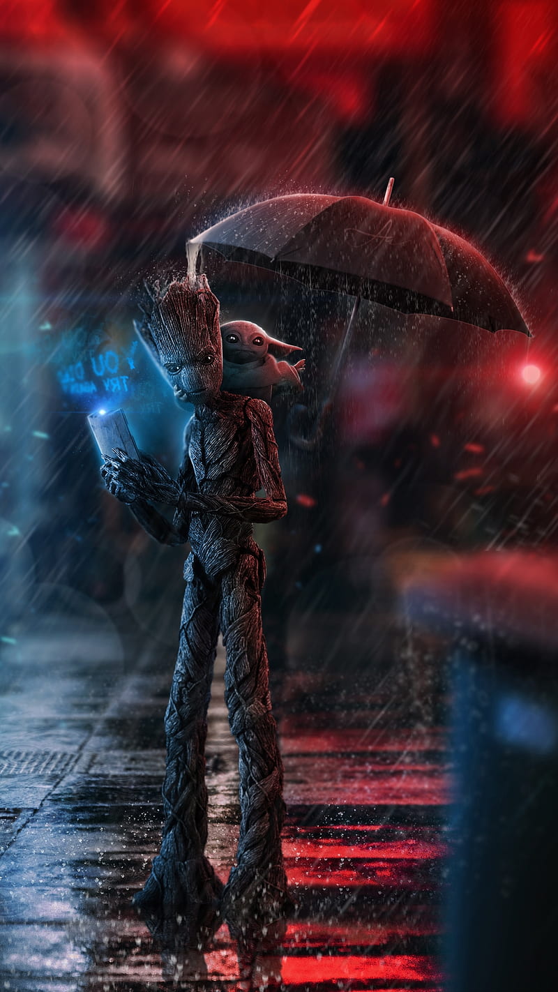 Groot and baby yoda, baby yoda, blue, mandalorian, rain, red, umbrella, HD phone wallpaper