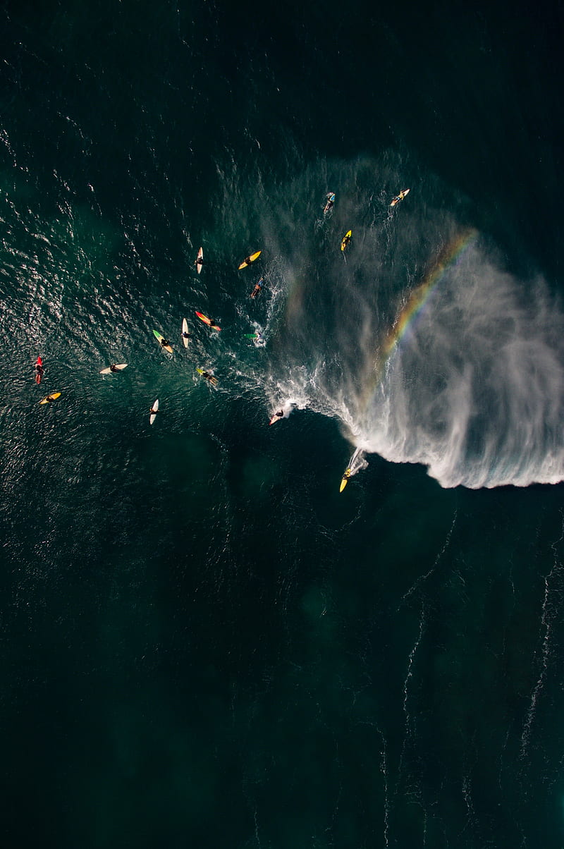 sea, surfers, aerial view, surfing, waves, rainbow, HD phone wallpaper