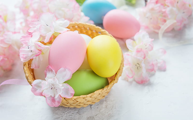 Happy Easter!, flower, yellow, easter, spring, pastel, pink, card, pasti, egg, basket, HD wallpaper
