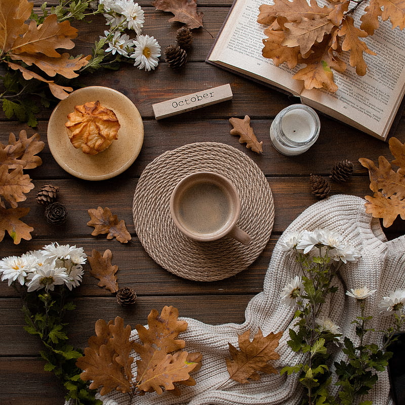 cup, leaves, flowers, autumn, mood, drink, HD phone wallpaper