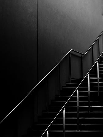 Black and white tiled staircase, black and white, stairs, rails, tiles