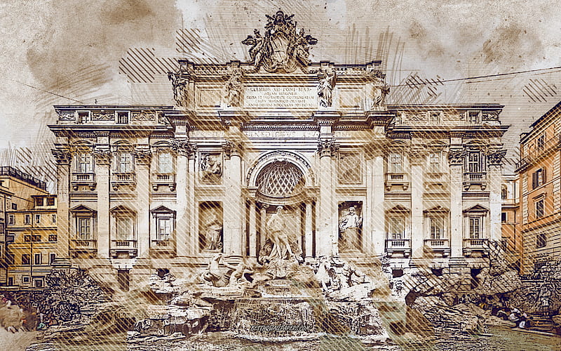 Trevi Fountain, Rome, Italy, grunge art, creative art, painted Trevi Fountain, drawing, Trevi Fountain grunge, digital art, HD wallpaper