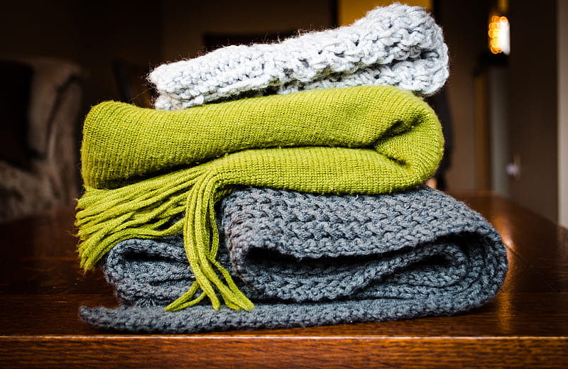 three gray, green, and white scarf on top of table, HD wallpaper