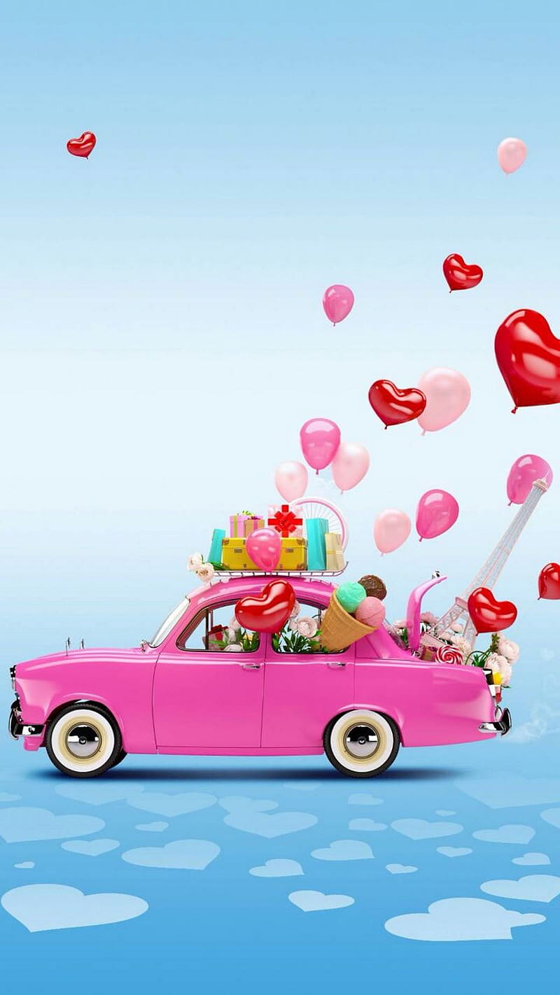 happy, car, cartoons, go, corazones, mystic, no, pink, red, sky, super, HD phone wallpaper
