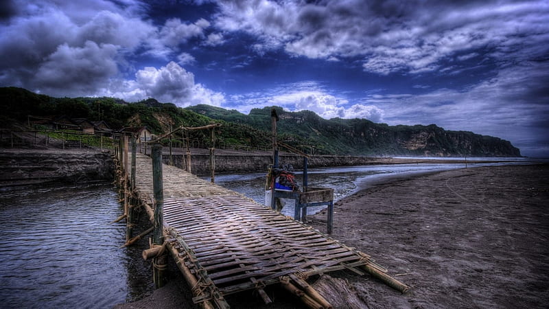 bamboo bridge over sea estuary r, astuary, bridge, village, r, clouds, bamboo, HD wallpaper