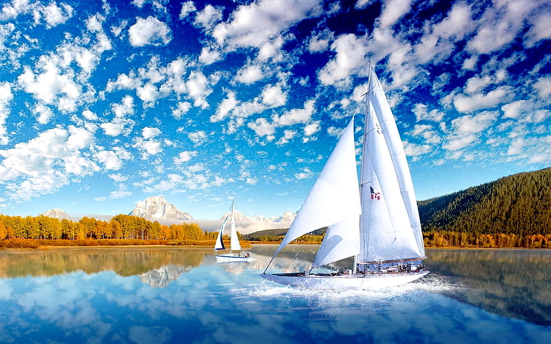 SUMMER SAIL, mountain, yachts, boats, masts, sails, wood, HD wallpaper