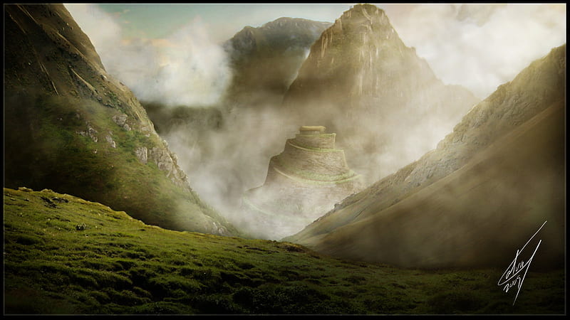 Inca Paradise, ancient, grass, mountains, tower, fog, mist, HD wallpaper