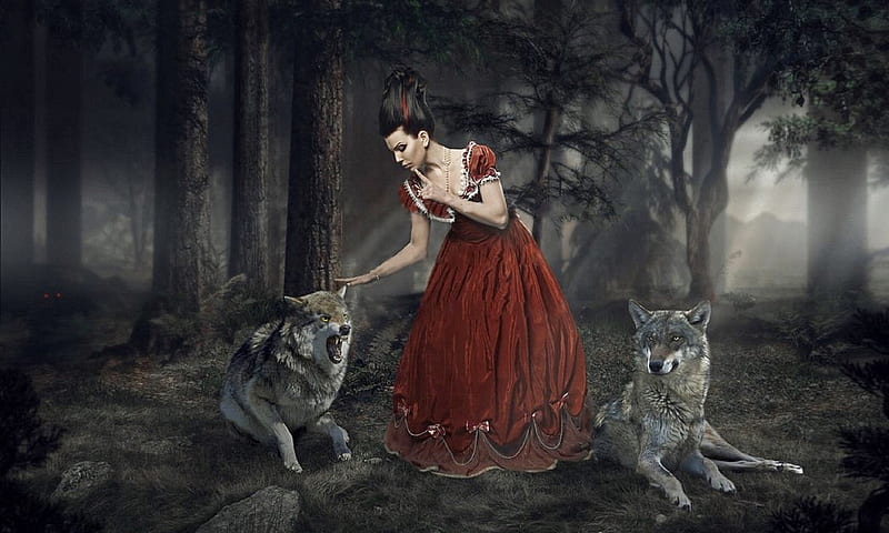 Shhh....Behave, fantasy girl, Wolves, forest, fantasy, enchanting, fantasy land, digital art, HD wallpaper