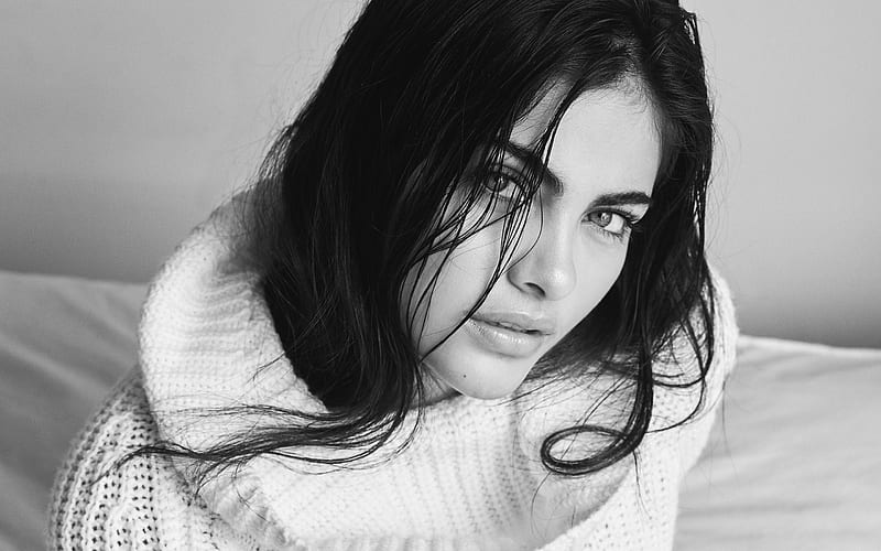 Sara Orrego, black and white portrait, brunette, shoot, beautiful woman, HD wallpaper