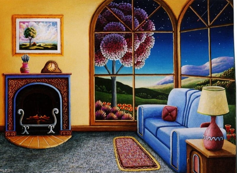 Living Room 3d, tree, lamp, window, digital, oven, sofa, artwork, HD wallpaper