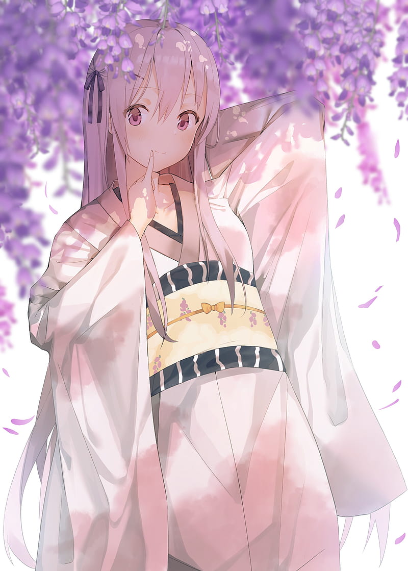 white kimono, cherry blossom, anime girl, long hair, Anime, HD phone wallpaper