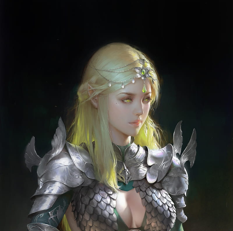 Warrior girl, armor, art, fantasy, warrior, girl, luminos, blonde, ley bowen, HD wallpaper