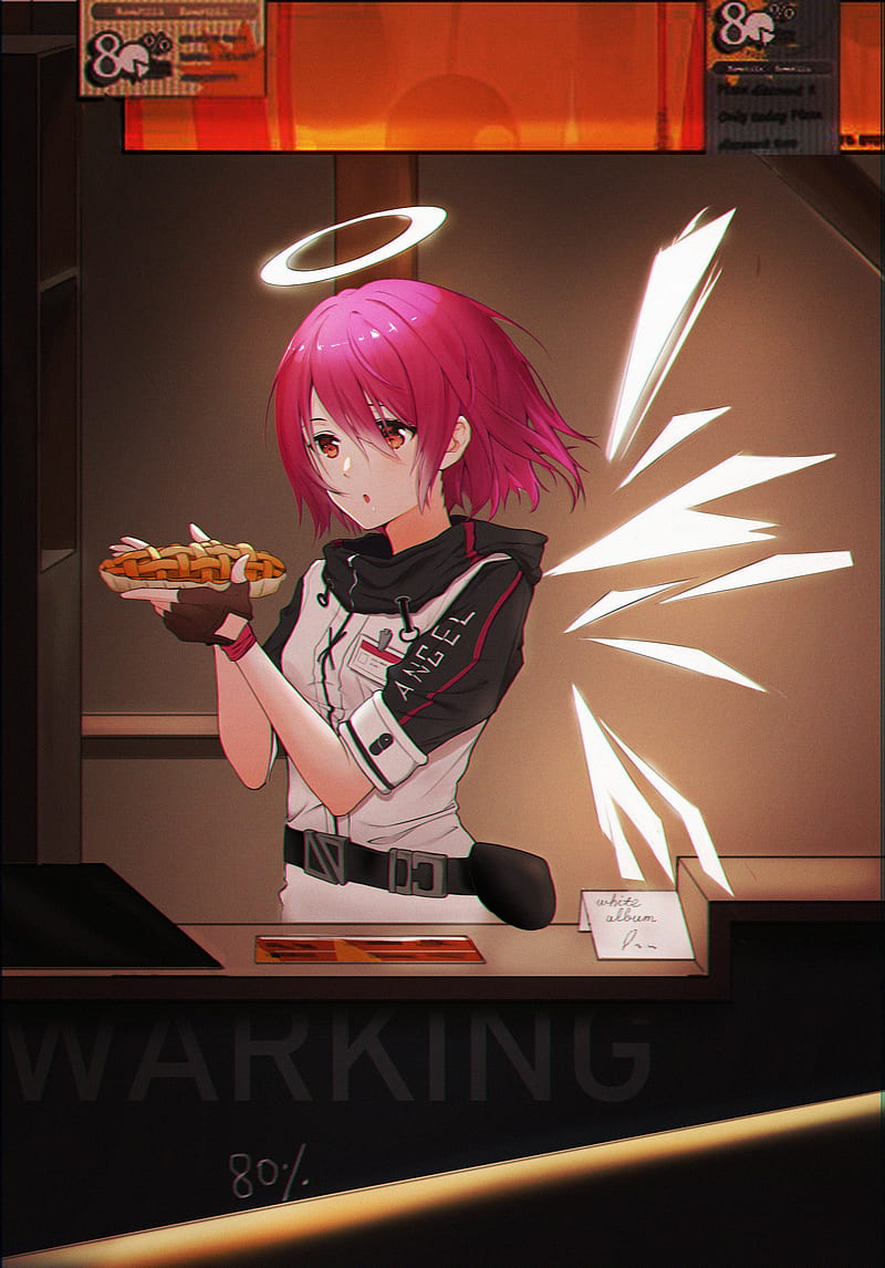 exusiai, arknights, angel ring, food, anime games, Anime, HD phone wallpaper