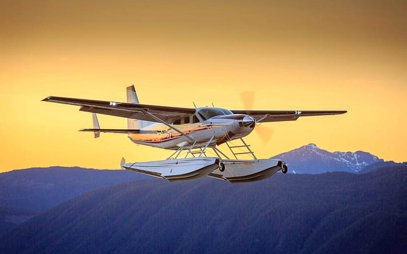 Seaplane at Flight, seaplane, Canada, sky, mountains, HD wallpaper