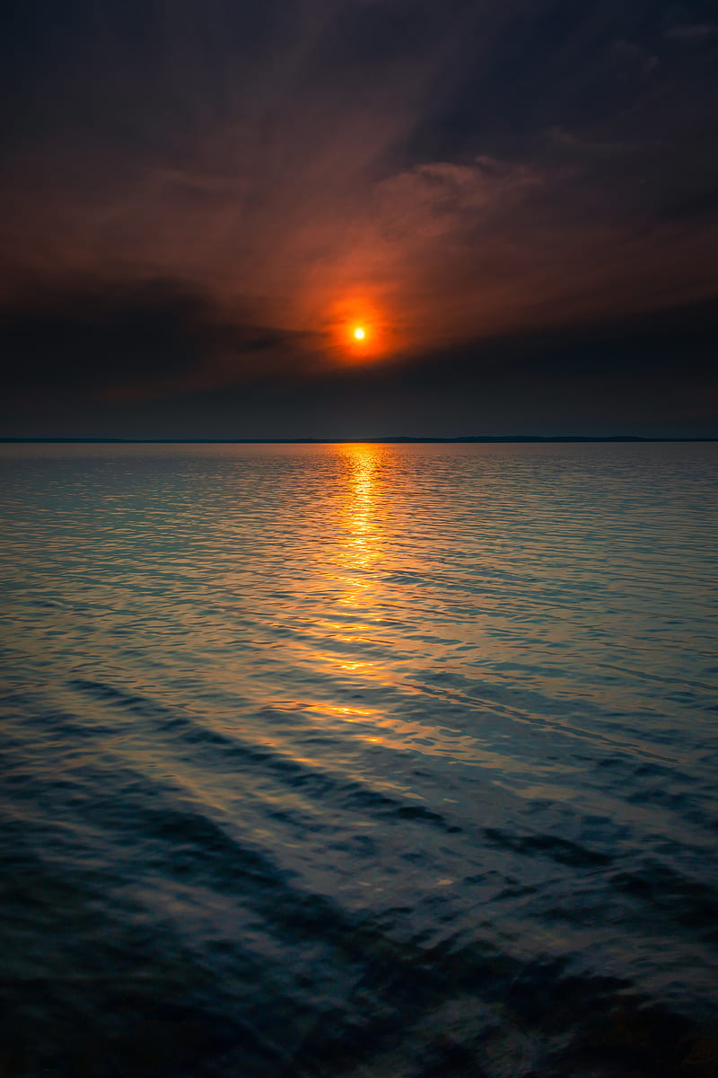 sunset, sun, horizon, reflections, waves, HD phone wallpaper