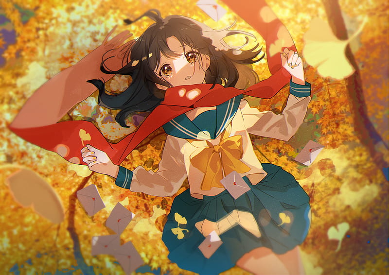 autumn, school uniform, scarf, cute anime girl, brown hair, blushes, Anime, HD wallpaper