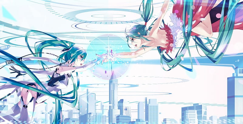 Hatsune Miku, pretty, stunning, cg, double persona, clouds, nice, person, anime, hand, aqua, beauty, anime girl, vocaloids, art, twintail, buildings, black, miku, sky, singer, sexy, aqua eyes, cute, hatsune, cool, digital, awesome, white, idol, artistic, world, dress, bonito, double, program, twin tail, duo, city, hot, pink, cleavage, blue, vocaloid, outfit, amazing, music, diva, skyscrapers, song, girl, uniform, virtual, aqua hair, HD wallpaper