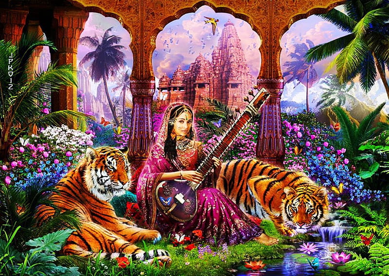 Tiger Princess, instrument, painting, flowers, tigers, palace, woman, artwork, palms, HD wallpaper