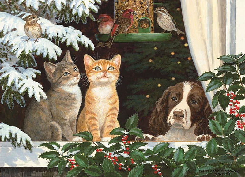 Waiting for Christmas, tree, birds, cats, artwork, snwo, dog, HD wallpaper