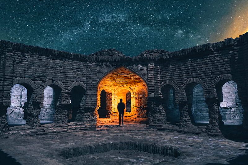 ruins, silhouette, starry sky, architecture, HD wallpaper