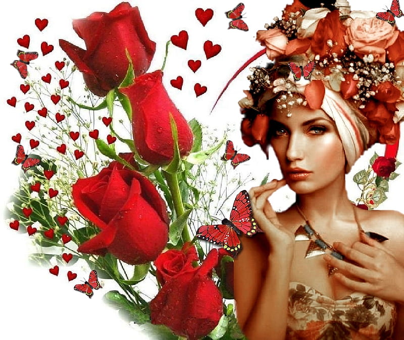 For the love of Roses and Butterflys, red, pretty, bonito, woman ...