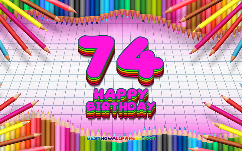 Happy 74th birtay, colorful pencils frame, Birtay Party, purple checkered background, Happy 74 Years Birtay, creative, 74th Birtay, Birtay concept, 74th Birtay Party, HD wallpaper
