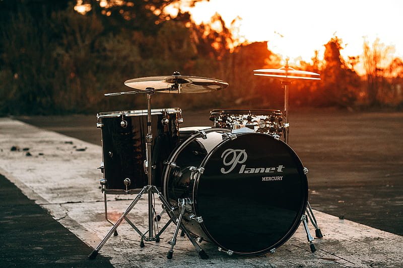 black Planet drum kit near trees during sunset, HD wallpaper