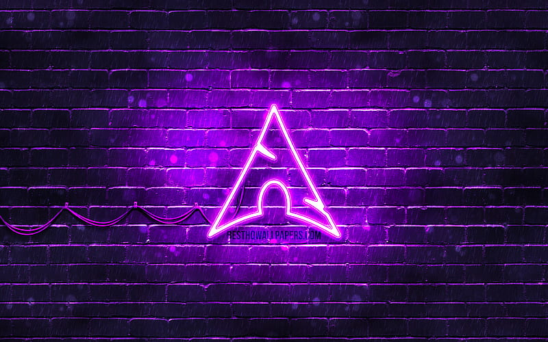 Arch Linux violet logo OS, violet brickwall, Arch Linux logo, Linux, Arch Linux neon logo, Arch Linux, HD wallpaper