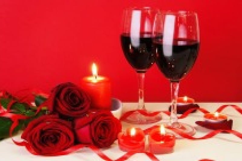 Romantic candlelight dinner, red, candle, dinner, romantic, holiday, wine, bonito, valentine, roses, cheers, bouquet, love, flowers, passion, light, HD wallpaper