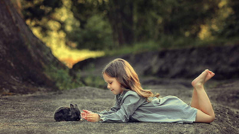 Little Girl Is Lying Down On A Road And Playing With Rabbit Cute, HD wallpaper