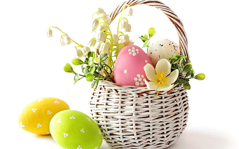 Easter eggs, white basket, white background, Easter, spring, Painted eggs, white spring flowers, HD wallpaper