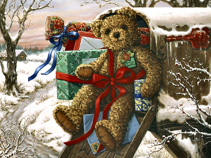Holiday Delivery FC, Christmas, art, holiday, December, bonito, illustration, artwork, winter, teddybear, snow, painting, wide screen, occasion, mailbox, scenery, teddy bear, HD wallpaper