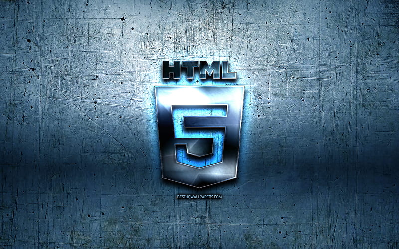 HTML5 metal logo, grunge, programming language signs, blue metal background, HTML5, creative, programming language, HTML5 logo, HD wallpaper