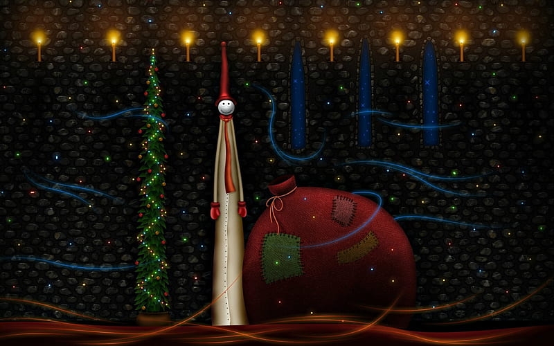 Merry Christmas!, red, art, luminos, craciun, bag, abstract, tree, santa, green, funny, claus, light, HD wallpaper