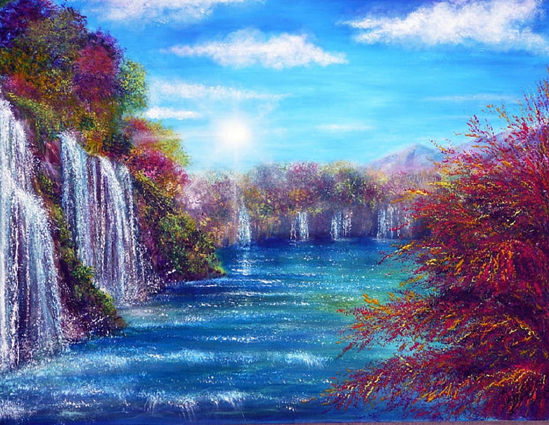 'Blue Lagoon', stunning, draw and paint, panoramic view, attractions in dreams, bonito, most ed, clouds, blue lagoon, paintings, landscapes, heaven, flowers, scenery, traditional art, lakes, love four seasons, creative pre-made, sky, trees, waterfalls, sunshine, nature, HD wallpaper
