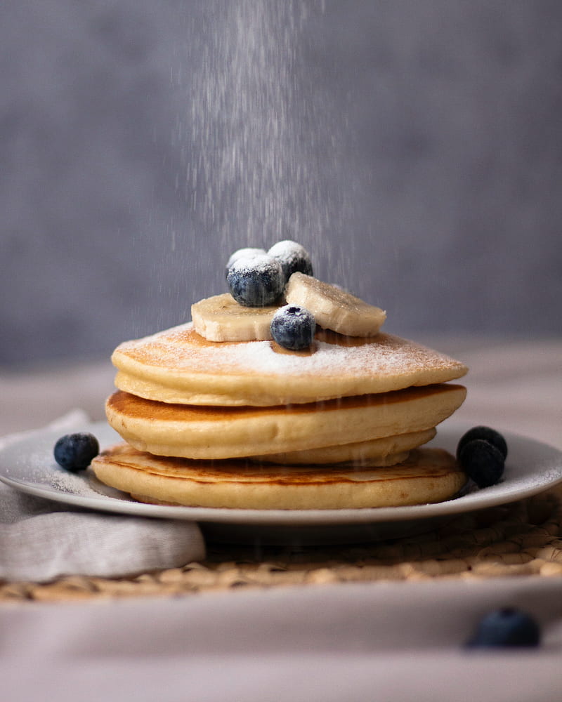 pancake, blueberries, banana, icing sugar, dessert, HD phone wallpaper