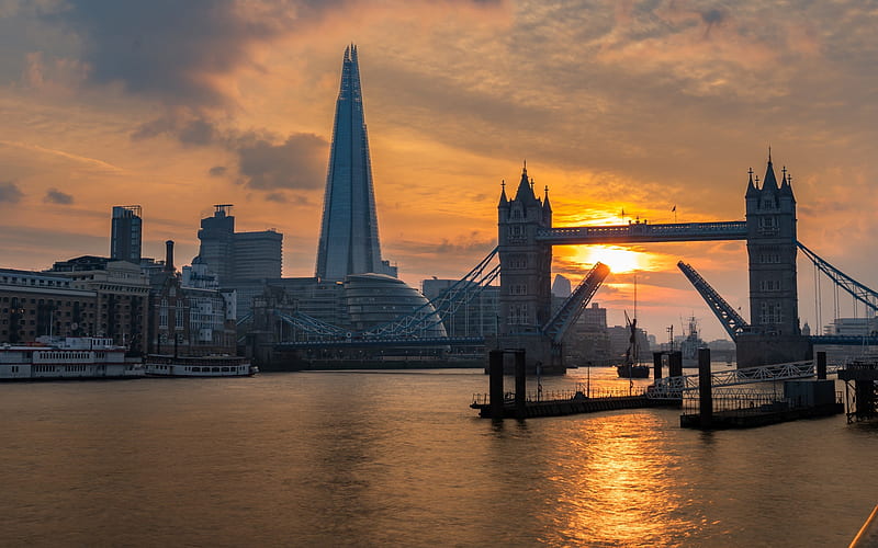 London, Tower Bridge, The Shard, evening, sunset, skyscrapers, Thames River, England, London cityscape, HD wallpaper