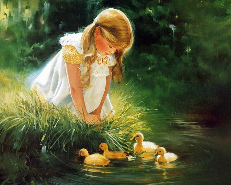 GOLDEN MOMENT, pond, art, girl, swim, painting, ducklings, watching, HD wallpaper