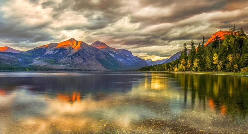 McDonald Lake At Sunset, forest, Montana, bonito, sunset, clouds, lake, calm, mountains, reflection, HD wallpaper