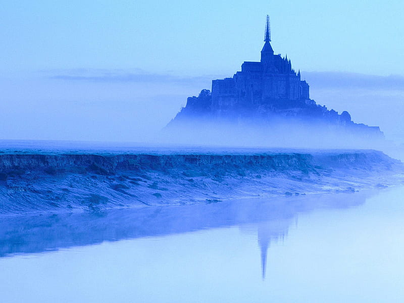 Mont Saint Michel at Dawn Normandy France, dawn, france, normandy, mont saint michel, sunrise, sky, fog, blue, HD wallpaper