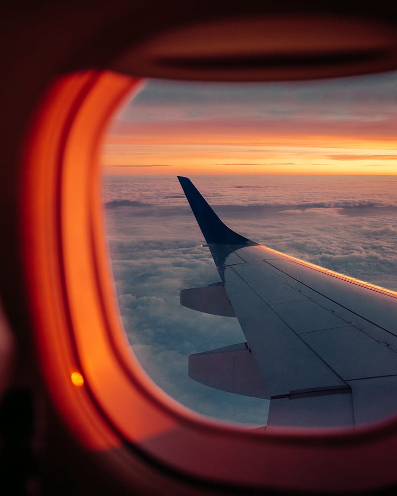 airplane, porthole, wing, sunset, clouds, sky, HD phone wallpaper