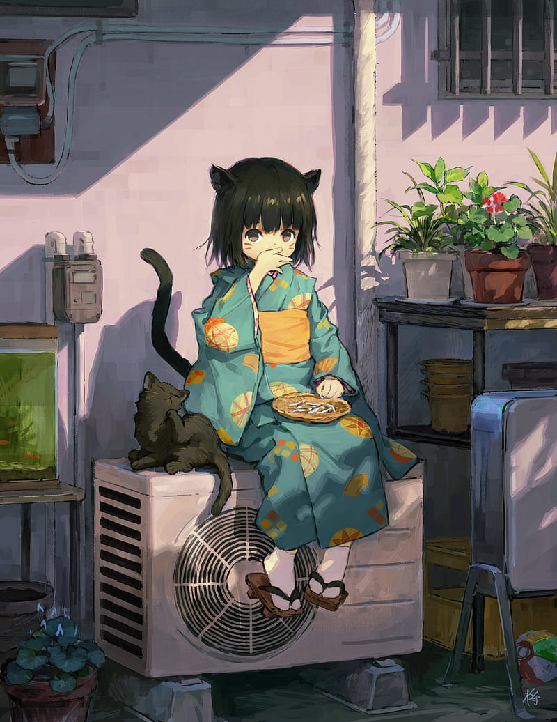 anime, anime girls, dark hair, cats, cat ears, kimono, original characters, HD phone wallpaper