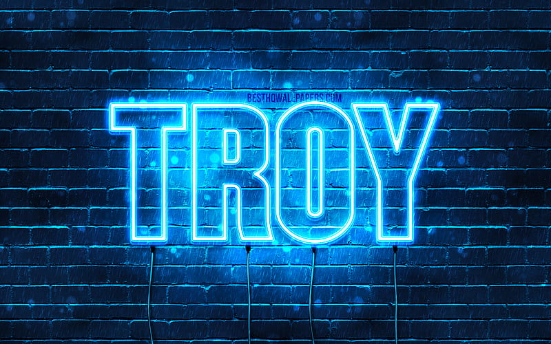 Troy with names, horizontal text, Troy name, blue neon lights, with Troy name, HD wallpaper