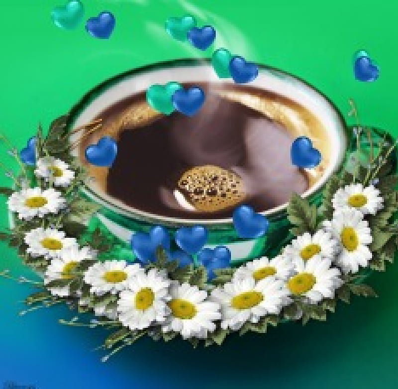 ♡Happy coffee♡Happy day DN friends♡, good morning, cafe, green, hot, evening, blue, time, drinks, black, corazones, happy, daisies, coffee, cup, day, single, white, HD wallpaper