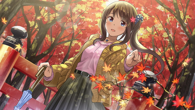 autumn, anime girl, brown hair, umbrella, trees, Anime, HD wallpaper