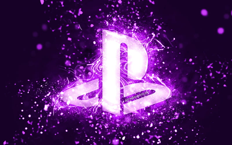 PlayStation violet logo violet neon lights, creative, violet abstract background, PlayStation logo, PlayStation, HD wallpaper