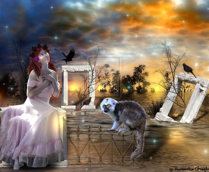 ~Significant Wealth~, architecture, pretty, redhead, grass, women, sweet, monkey, fantasy, splendor, manipulation, exterior, flowers, face, rivers, lovely, models, crows, wealth, birds, sky, lips, trees, ravens, water, cool, shining, eyes, colorful, dress, splendid, significant, bonito, digital art, hair, girls, light, animals, stars, female, colors, bird, plants, HD wallpaper