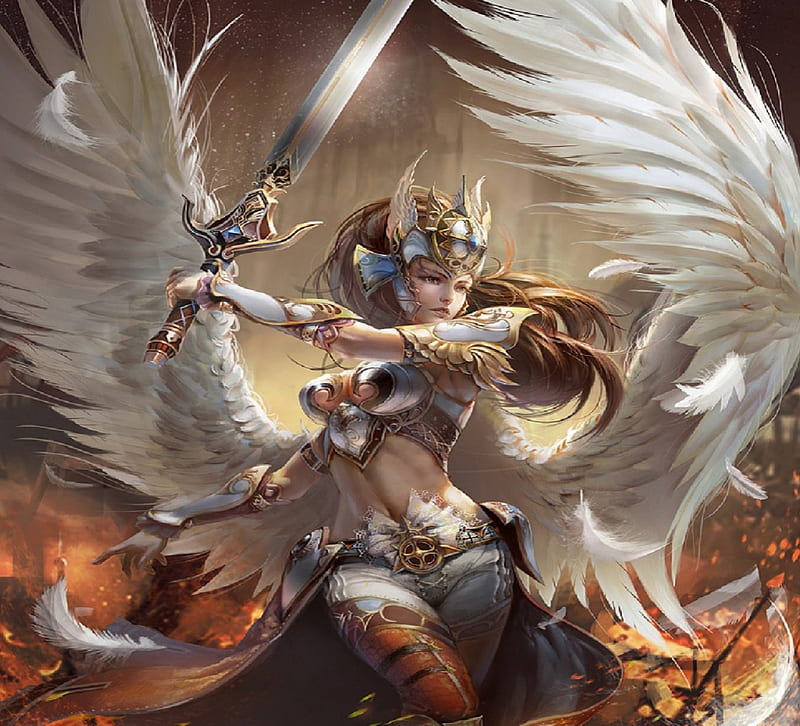Angel With A Sword, fantasy, female, angel, sword, armour, HD wallpaper