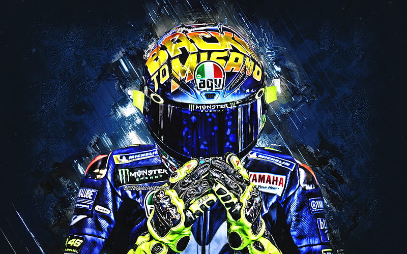 Valentino Rossi, Italian motorcycle racer, MotoGP, creative art, blue creative background, Rossi helmet, Monster Energy Yamaha MotoGP, HD wallpaper