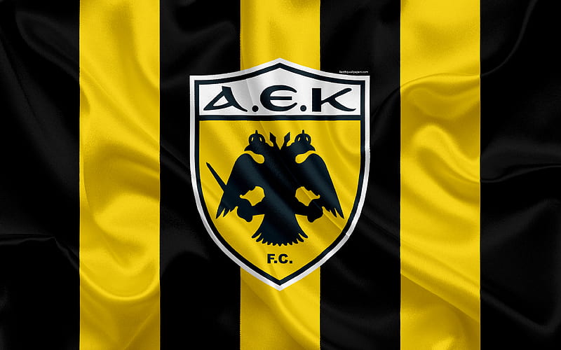 AEK Athens FC Greek football club, emblem, logo, Super League, championship, football, Athens, Greece, silk texture, flag, HD wallpaper